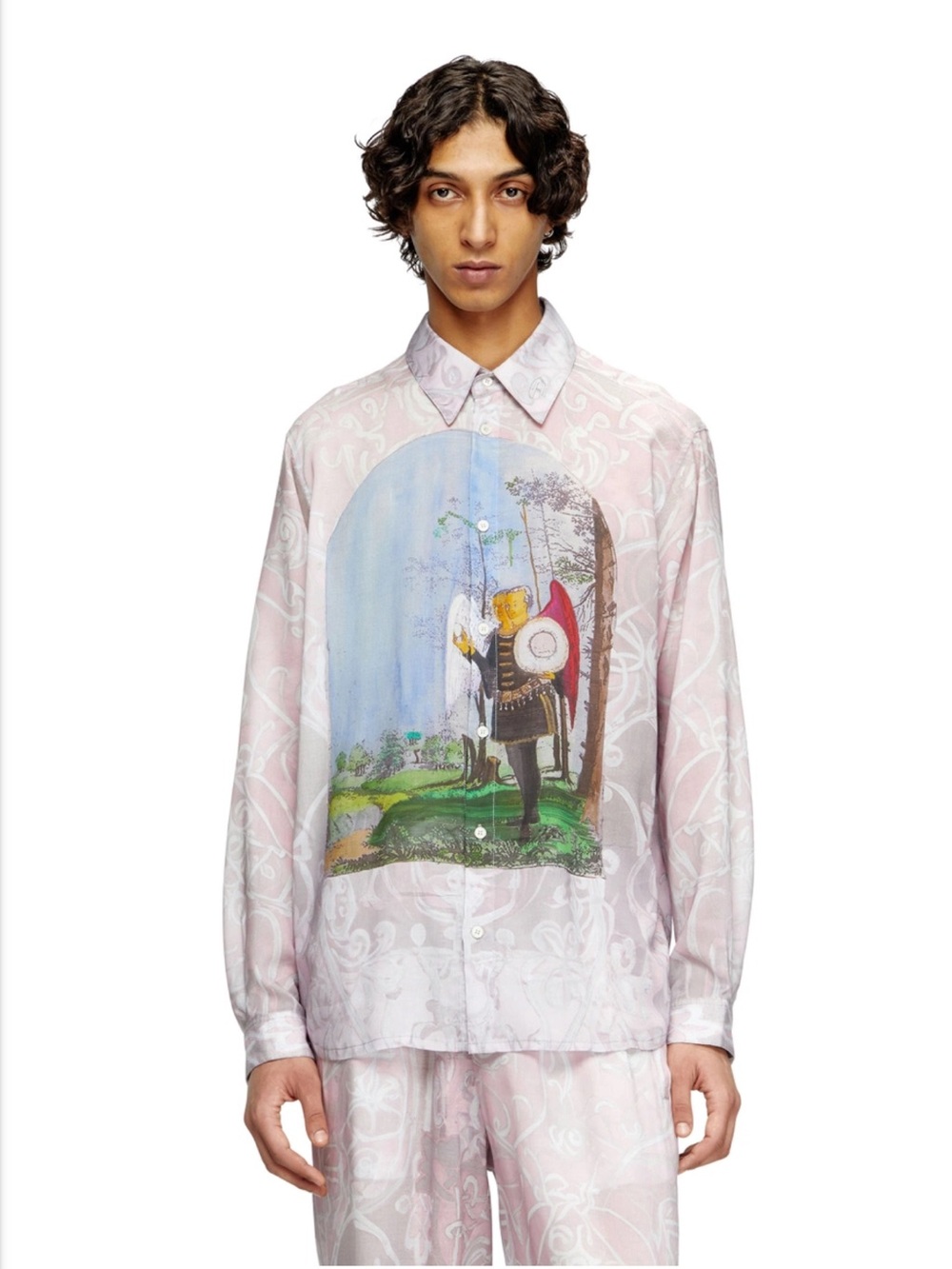 Diesel Pale Pink Printed Button-Up Shirt Jacket with Scenic Panel